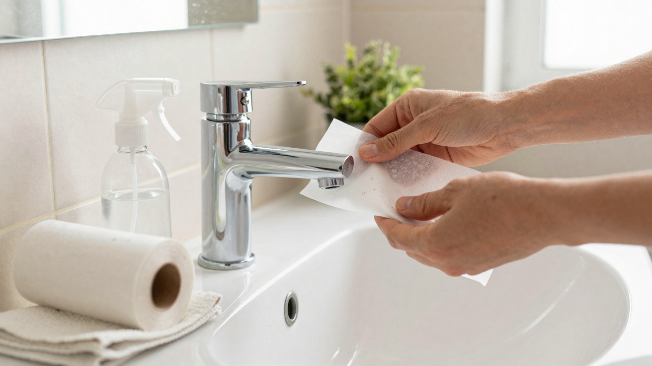 Hands cleaning a bathroom tap with a wet wipe next to sink, paper towels, and spray bottle on the counter.