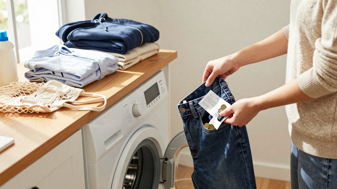 Person checking coins and receipt in jeans pocket next to a washing machine with folded clothes on the counter