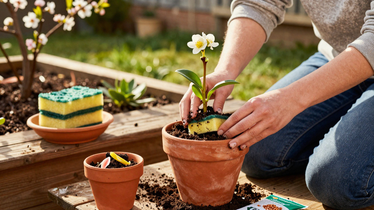 Person repotting a small flowering plant using a sponge in a terracotta pot outdoors.