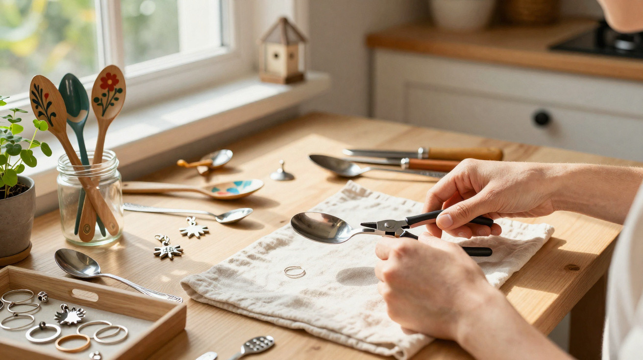 Person using pliers to craft handmade jewellery on a wooden table with various tools and rings.