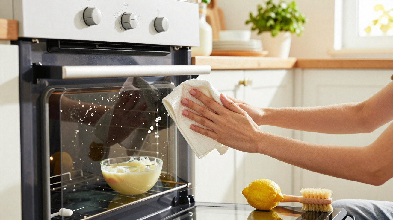 Person cleaning the glass door of a modern oven in a bright kitchen with lemon and brush nearby.