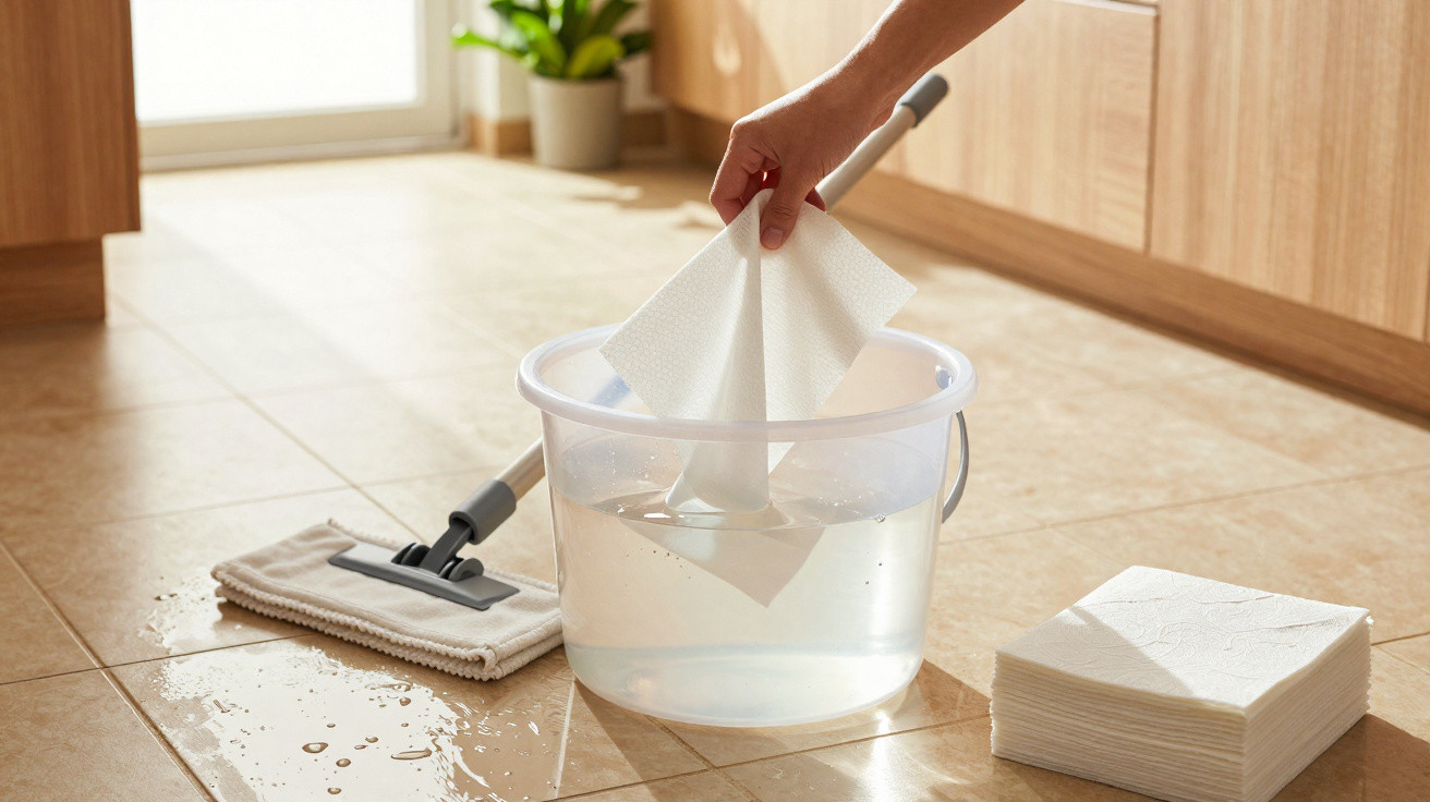 Hand dipping paper towel into a bucket of water with mop on tiled floor next to a stack of paper towels.