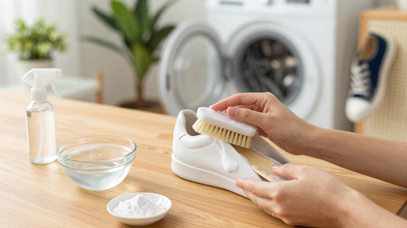Hands cleaning a white sneaker with a brush on a wooden table next to cleaning supplies and a washing machine.