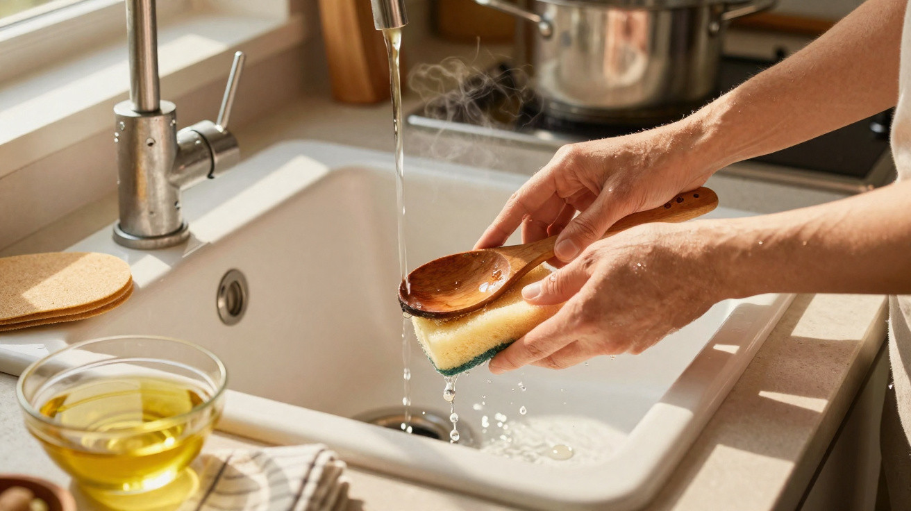 Person washing a wooden spoon with a sponge under running water in a kitchen sink with a pot and bowl nearby.