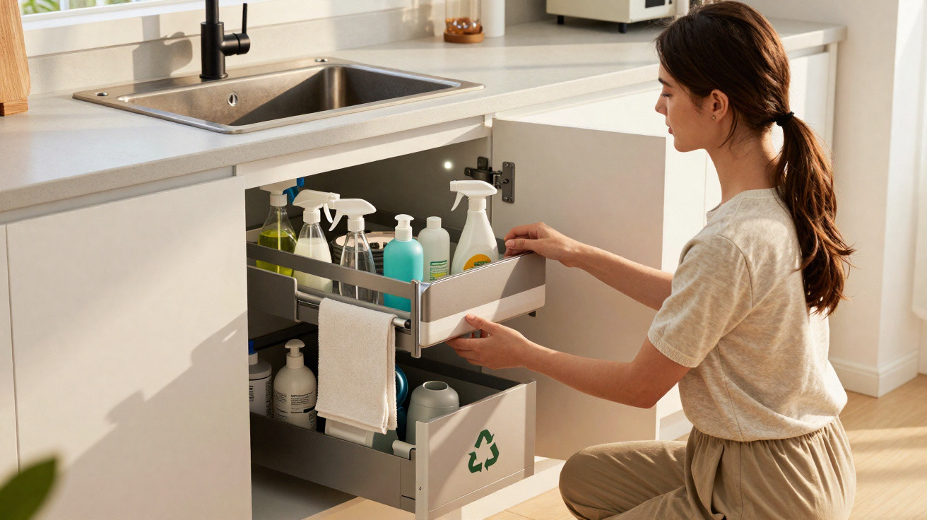 Woman organising cleaning supplies in kitchen cabinet drawers under the sink with recycling symbol on lower drawer.