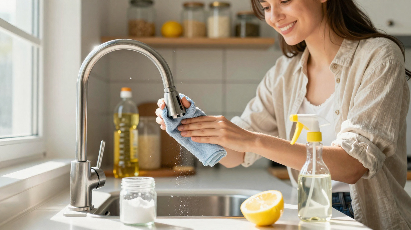 Woman smiling while rinsing a blue cloth under a modern kitchen faucet with cleaning supplies on the counter.