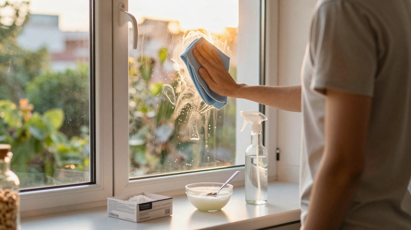 Person cleaning a window with a blue cloth and spray bottle on a bright windowsill at sunset.