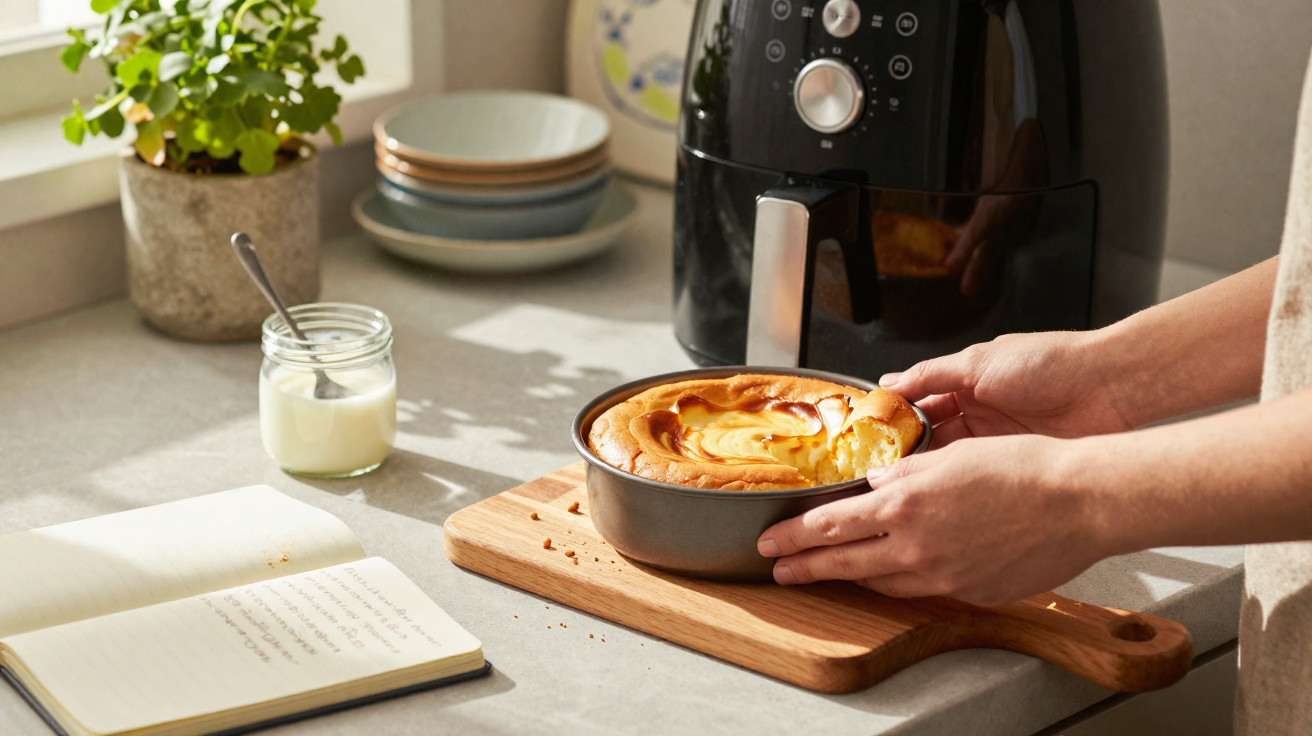 Hands holding a freshly baked cheesecake in a round tin on a wooden board beside an air fryer and an open notebook.