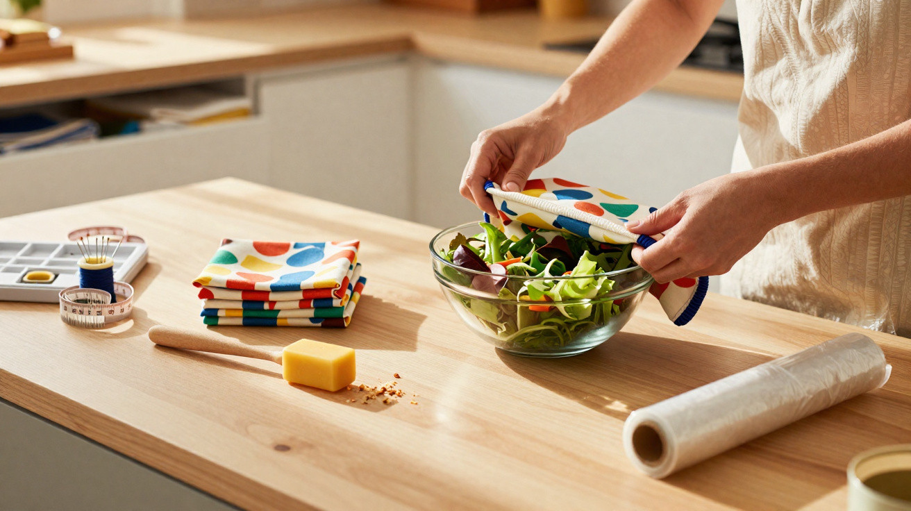 Person covering a glass bowl of fresh salad with a colourful reusable food cover on a wooden kitchen counter.