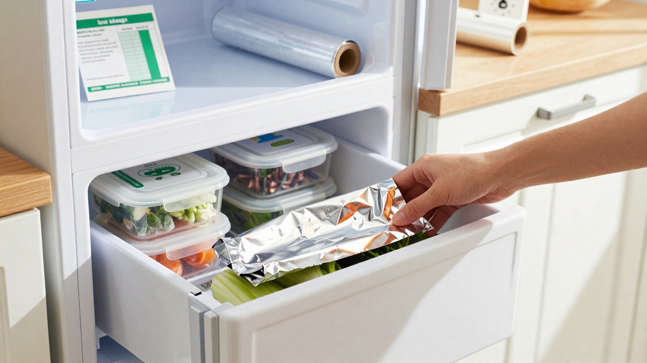 Hand placing foil-wrapped food into a drawer of a organised fridge with plastic containers inside.