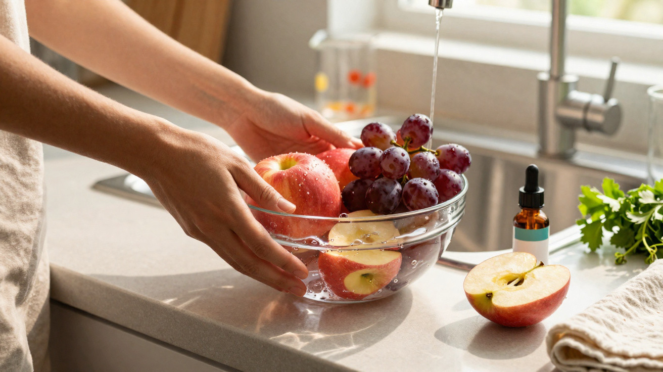 Hands washing red apples and purple grapes in a clear glass bowl under a kitchen tap.