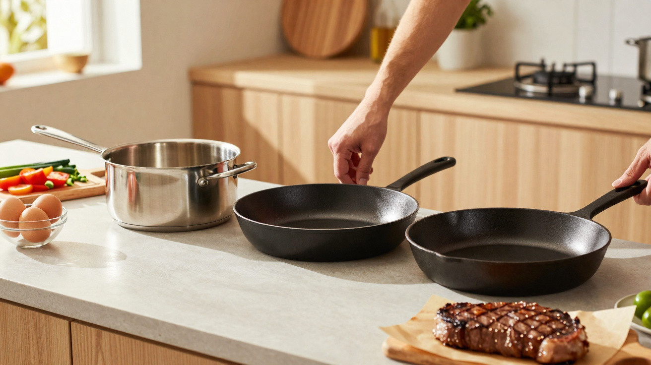 Hands placing two black frying pans on a kitchen counter with steak, eggs, vegetables, and a saucepan nearby.