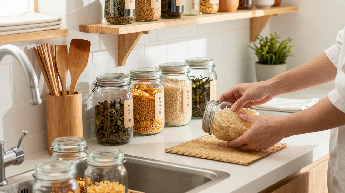 Person pouring grains from glass jar on kitchen countertop with organised jars and wooden utensils nearby