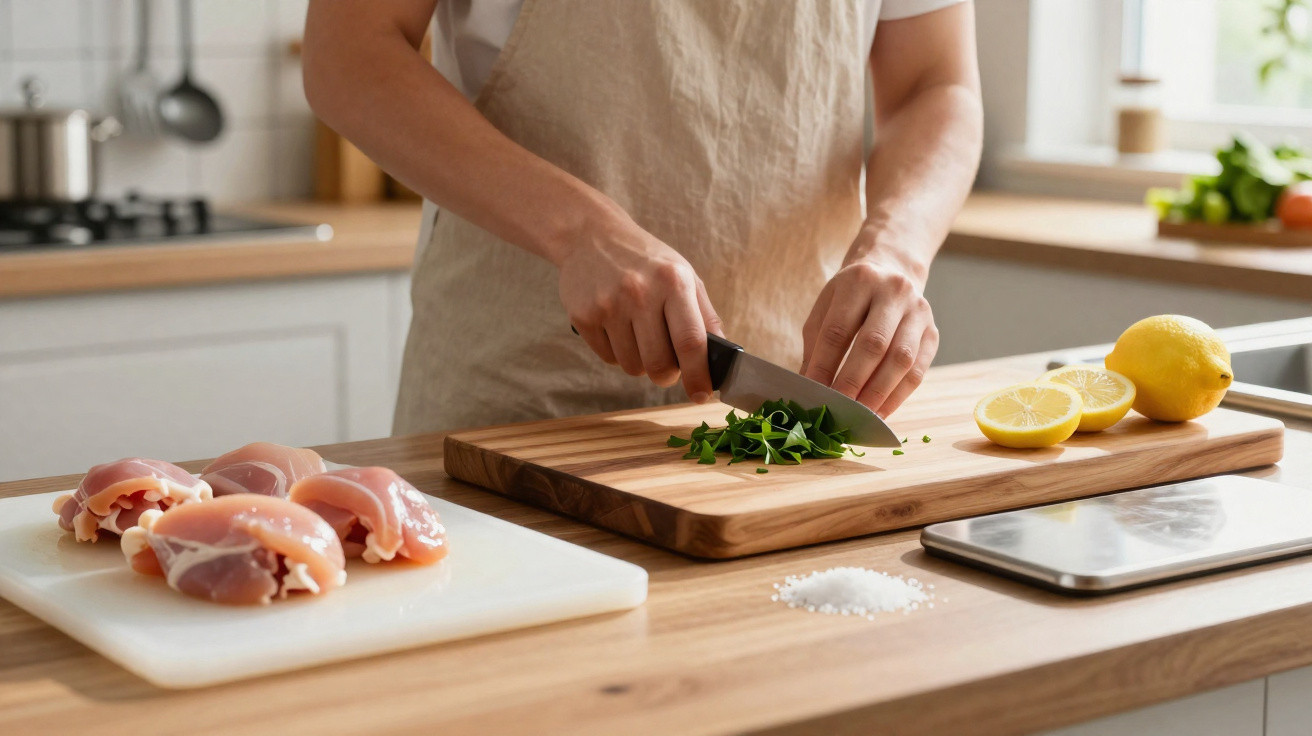 Person chopping fresh herbs on a wooden board with raw chicken and lemons on a kitchen counter.