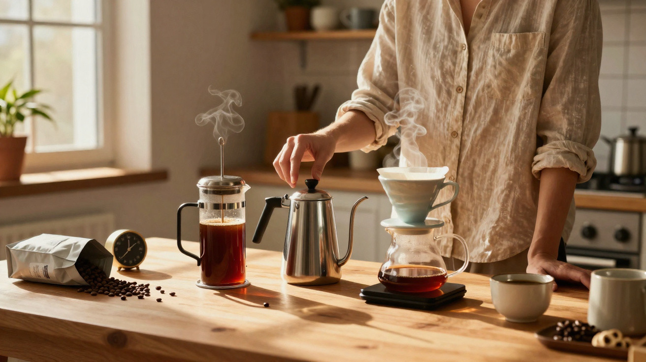Person brewing coffee with a filter, French press, and kettle on a wooden kitchen counter with scattered coffee beans.