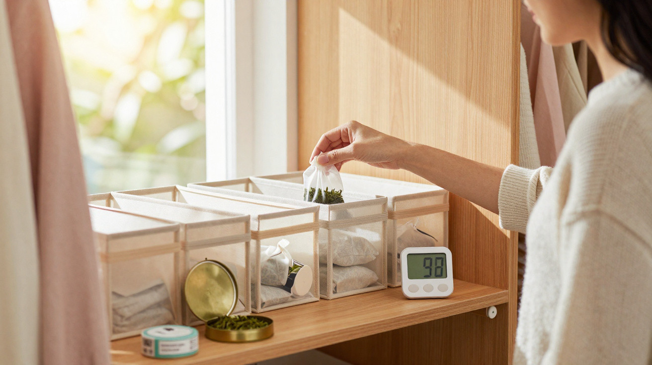 Woman placing a tea bag into a transparent storage box on a wooden shelf near a digital timer.