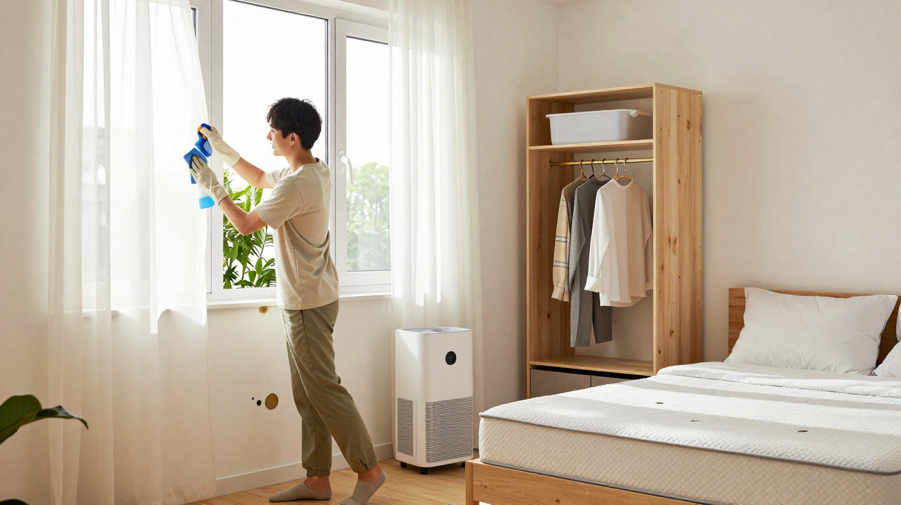 Person cleaning a window in a bright, minimalist bedroom with wooden furniture and white curtains.