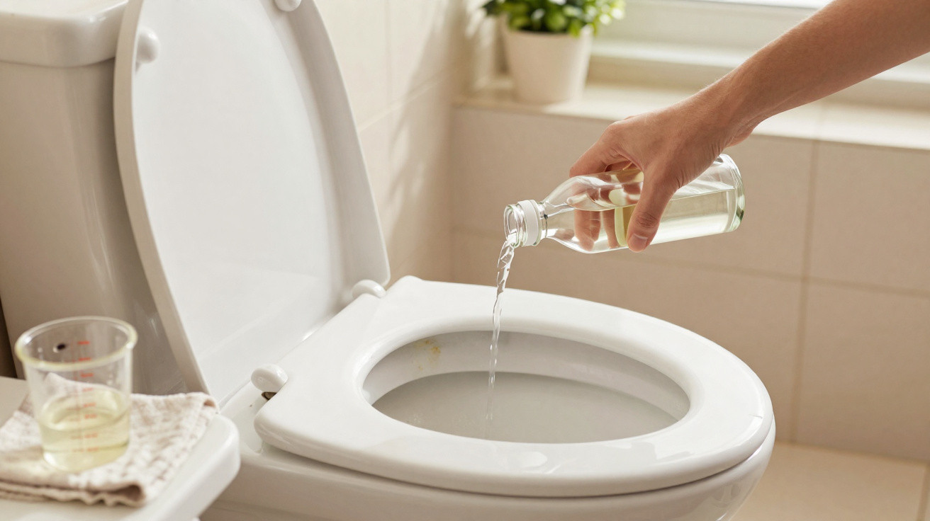 Hand pouring liquid from a clear bottle into an open white toilet bowl in a bright bathroom.