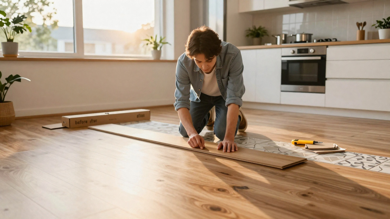 Man fitting wooden flooring panels in a modern kitchen with natural sunlight coming through the window.
