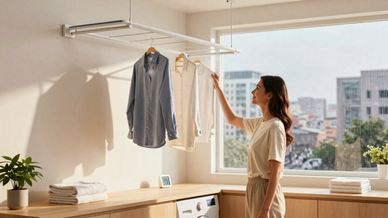 Woman adjusting shirts hanging on an indoor ceiling-mounted drying rack in a bright laundry room.