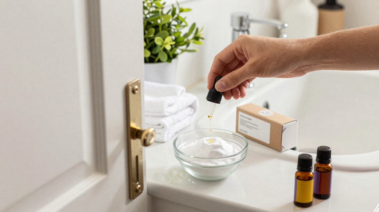 Hand dropping essential oil into a glass bowl with baking soda on a bathroom counter.