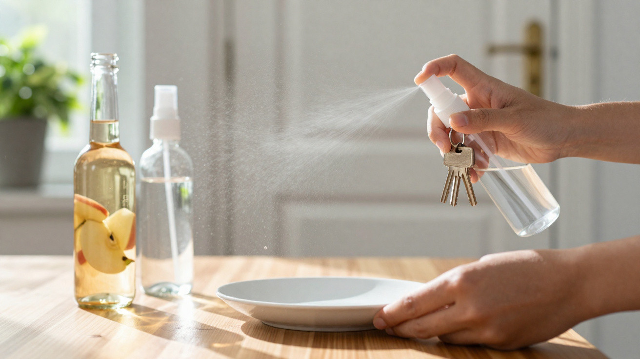 Person spraying disinfectant onto a white plate while holding keys indoors on a wooden table.