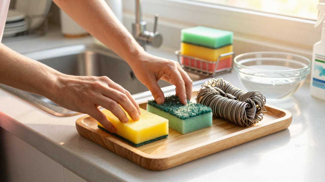 Person’s hands picking up a yellow and green scouring sponge from a tray with cleaning supplies on kitchen counter.