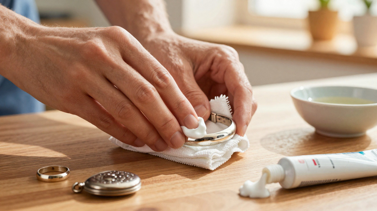 Hands polishing a silver bracelet with cream and a cloth on a wooden surface near rings and a bowl.