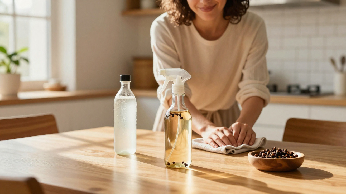 Woman cleaning a wooden kitchen table with a cloth beside a spray bottle and bowl of cloves.