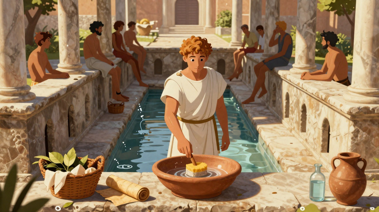 Animated scene of a Roman bathhouse with a young man cleaning a sponge by a water basin surrounded by stone columns.