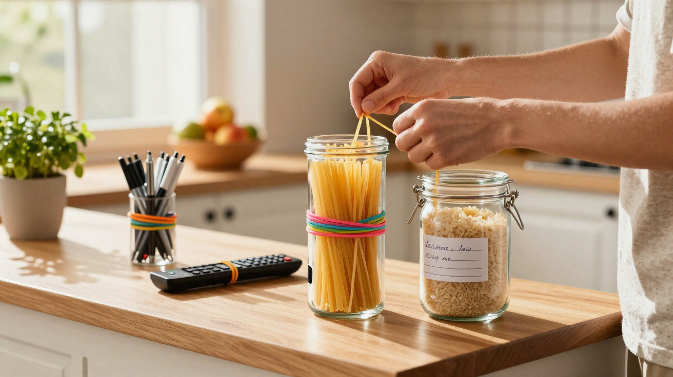 Person organising spaghetti and rice in glass jars on a wooden kitchen countertop with rubber bands.