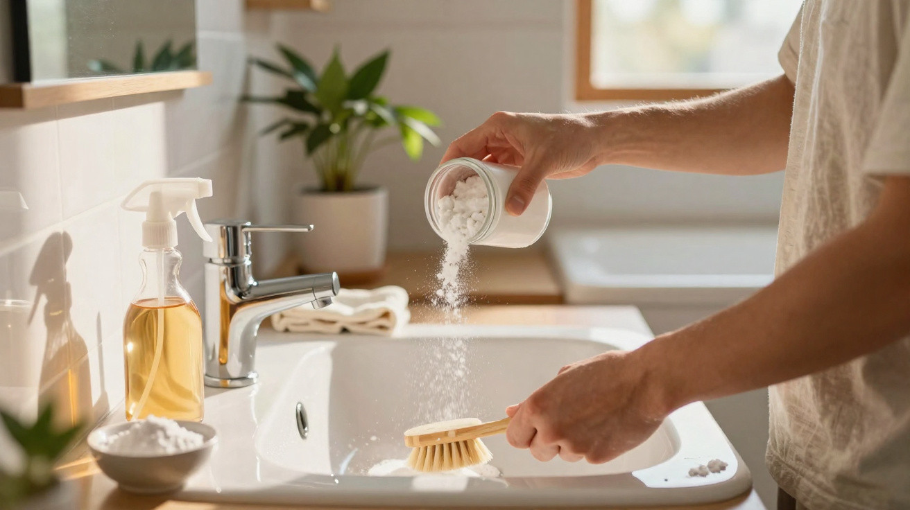 Person pouring baking soda from jar into sink while holding a scrub brush ready to clean.