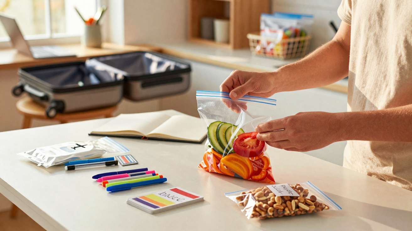 Person packing sliced vegetables and nuts into labelled plastic bags on a kitchen counter near an open suitcase.
