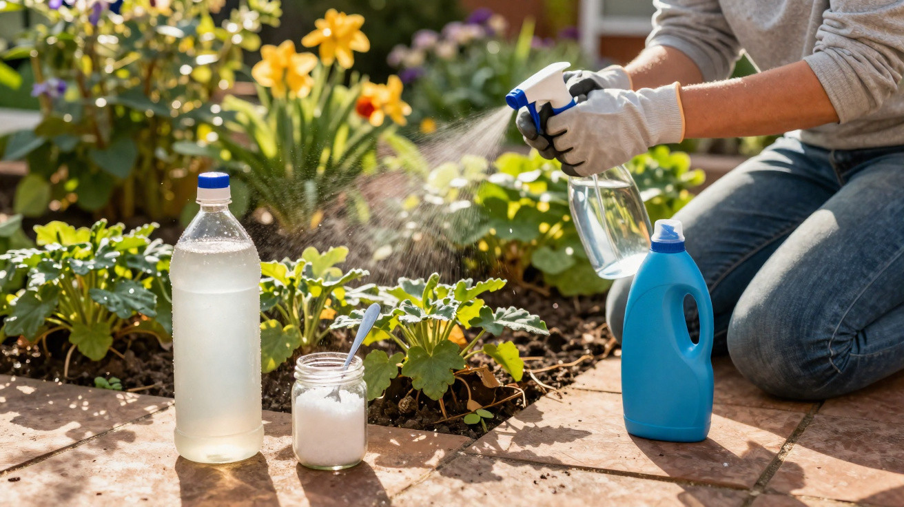 Person spraying plants in a garden using a spray bottle, with bottles and a jar of powder nearby.
