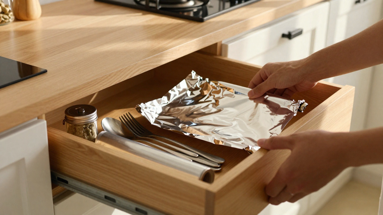 Hands placing a sheet of aluminium foil inside a wooden kitchen drawer containing cutlery and a spice jar.
