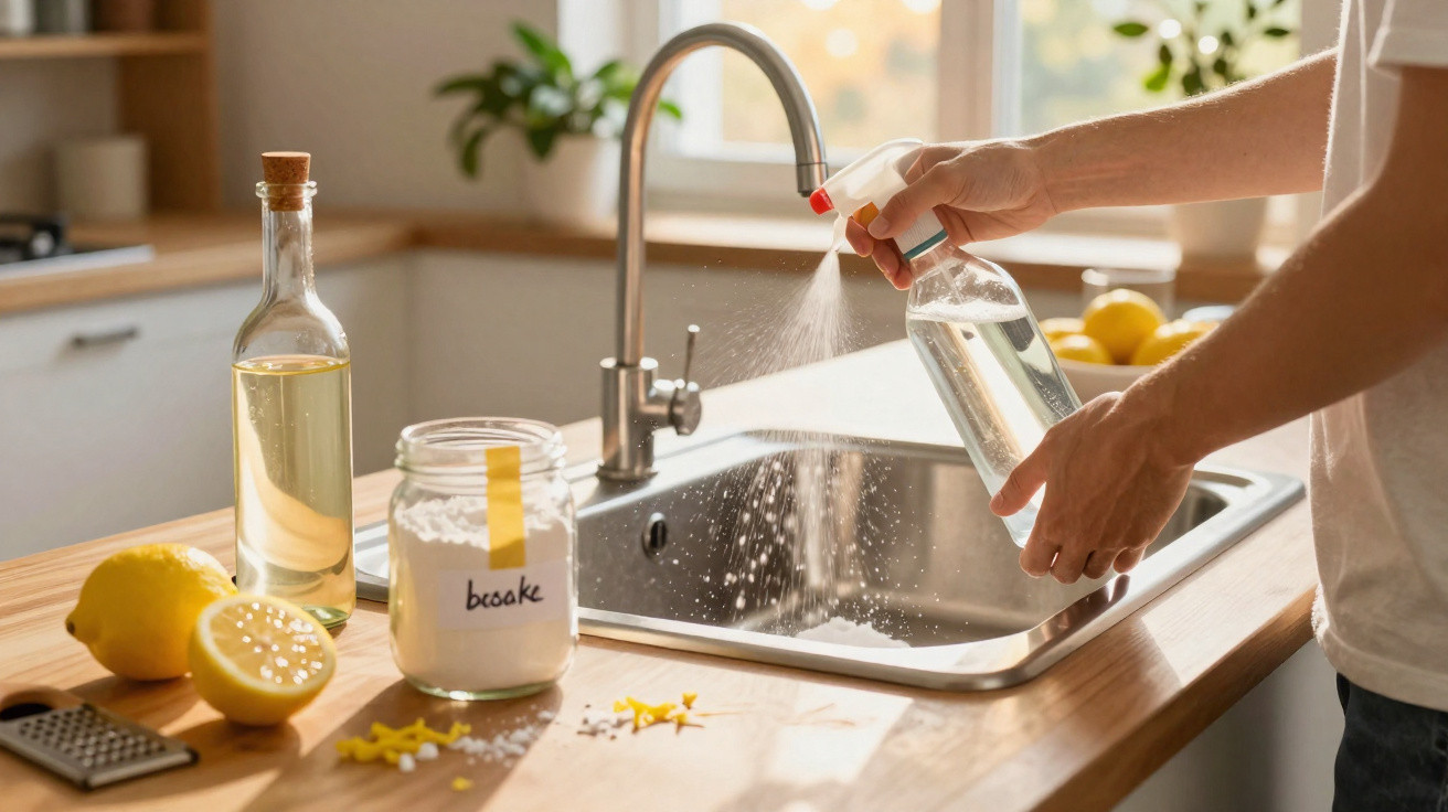Person spraying cleaning solution into kitchen sink with lemon, baking soda, and vinegar on wooden countertop nearby