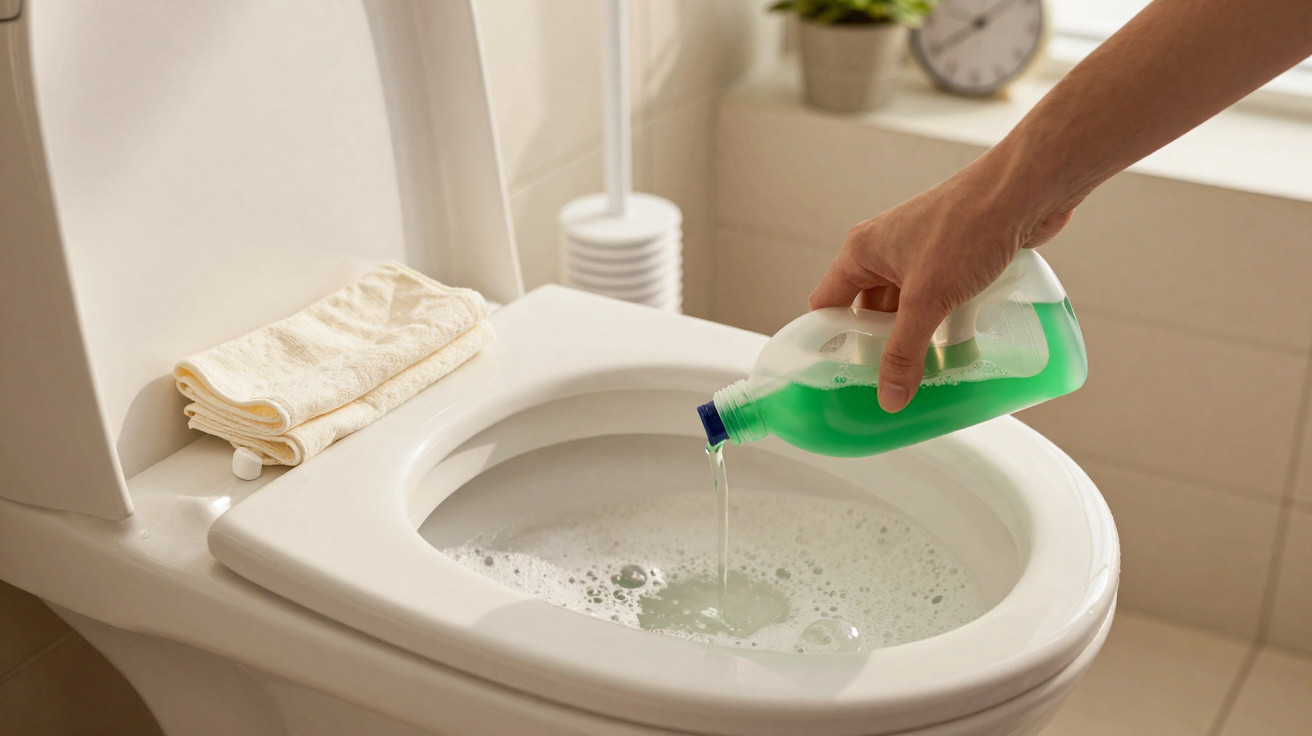 Hand pouring green liquid cleaner into a white toilet bowl with a stack of towels on the seat.