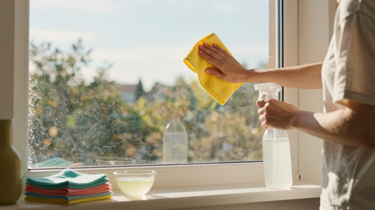 Person cleaning a window with a yellow cloth and spray bottle on a sunny day.