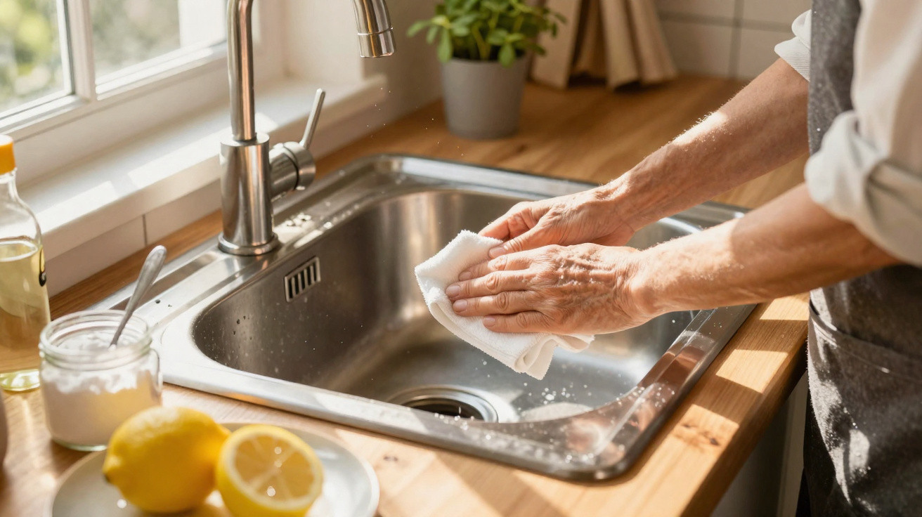 Hands cleaning a stainless steel kitchen sink with a white cloth near a window with lemons and oil on the counter