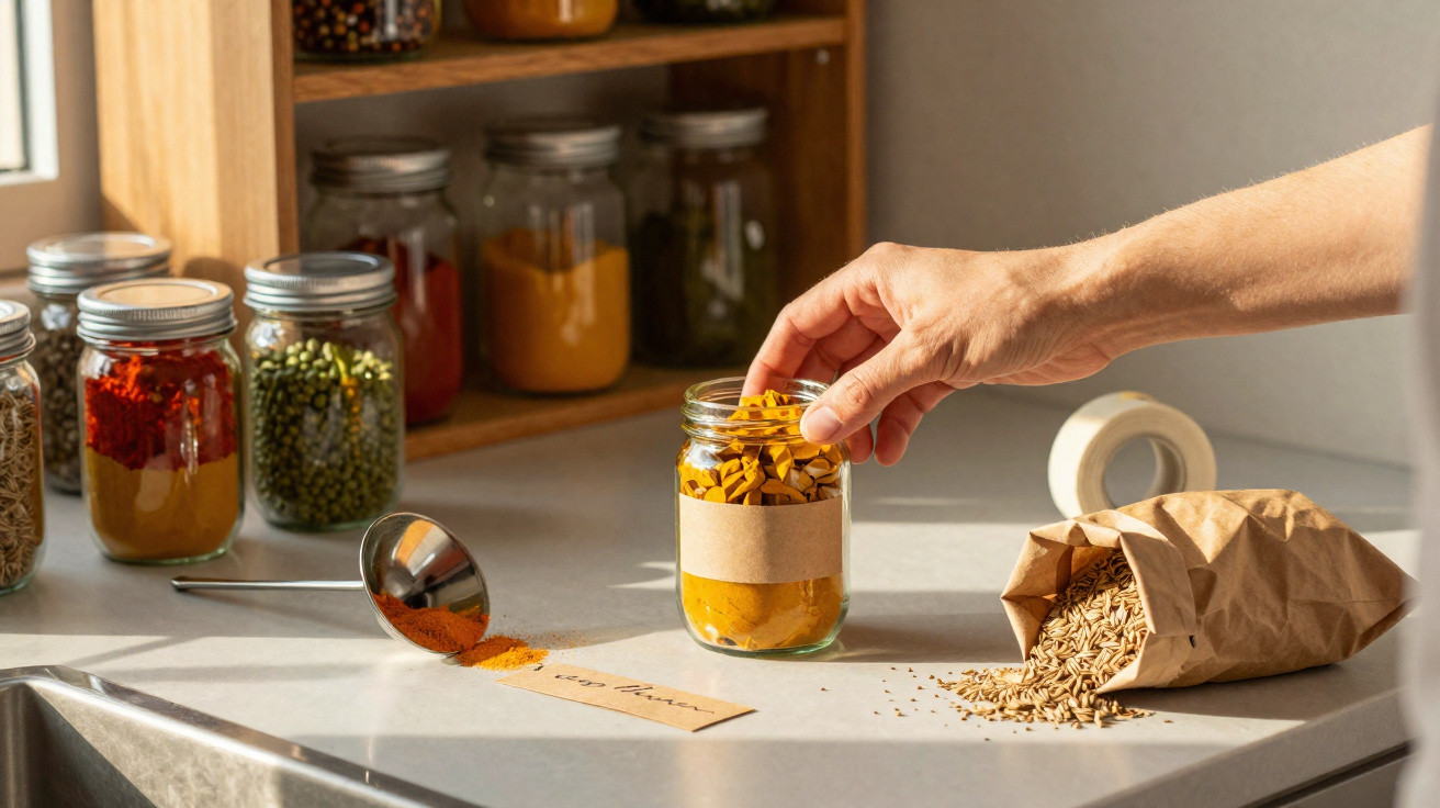 Hand placing yellow spice in glass jar on kitchen counter with other jars and spilled grains nearby.