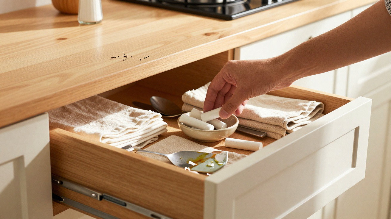 Hand placing white chalk sticks into a wooden kitchen drawer with napkins and utensils.