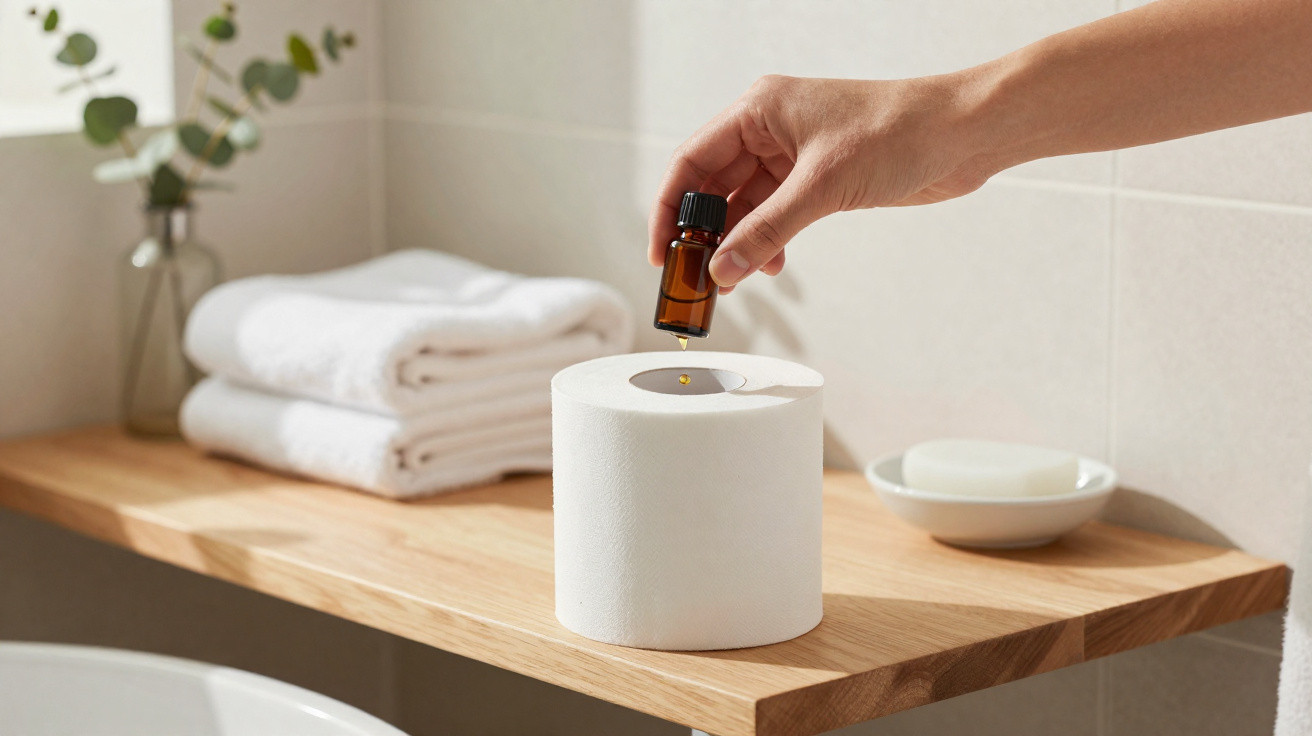 Hand adding essential oil drop to hollow cardboard toilet roll on wooden bathroom shelf with towels and soap.
