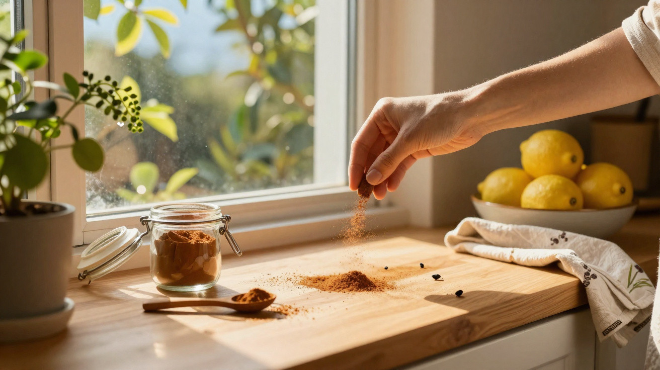 Hand sprinkling cinnamon powder on wooden kitchen countertop near jar and lemons by window.