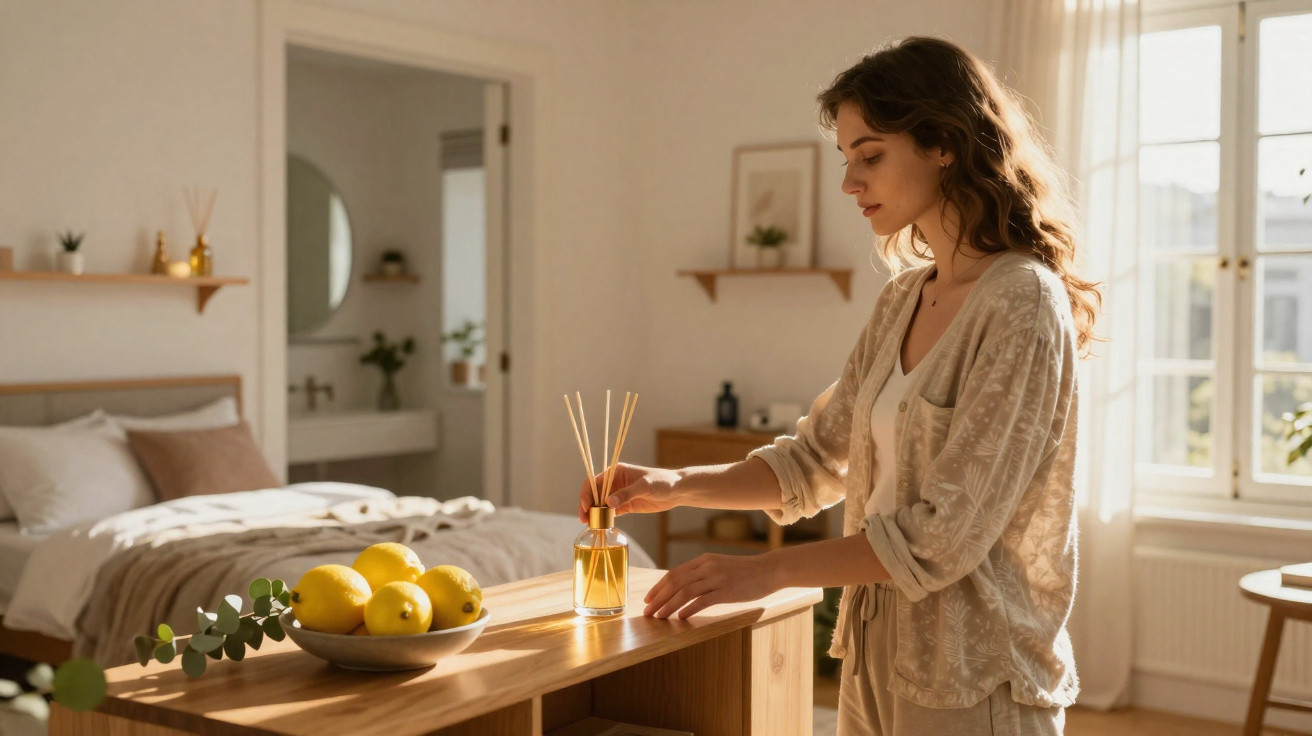 Woman placing reed diffuser on wooden table in bright, cosy bedroom with lemons in a bowl and natural light.
