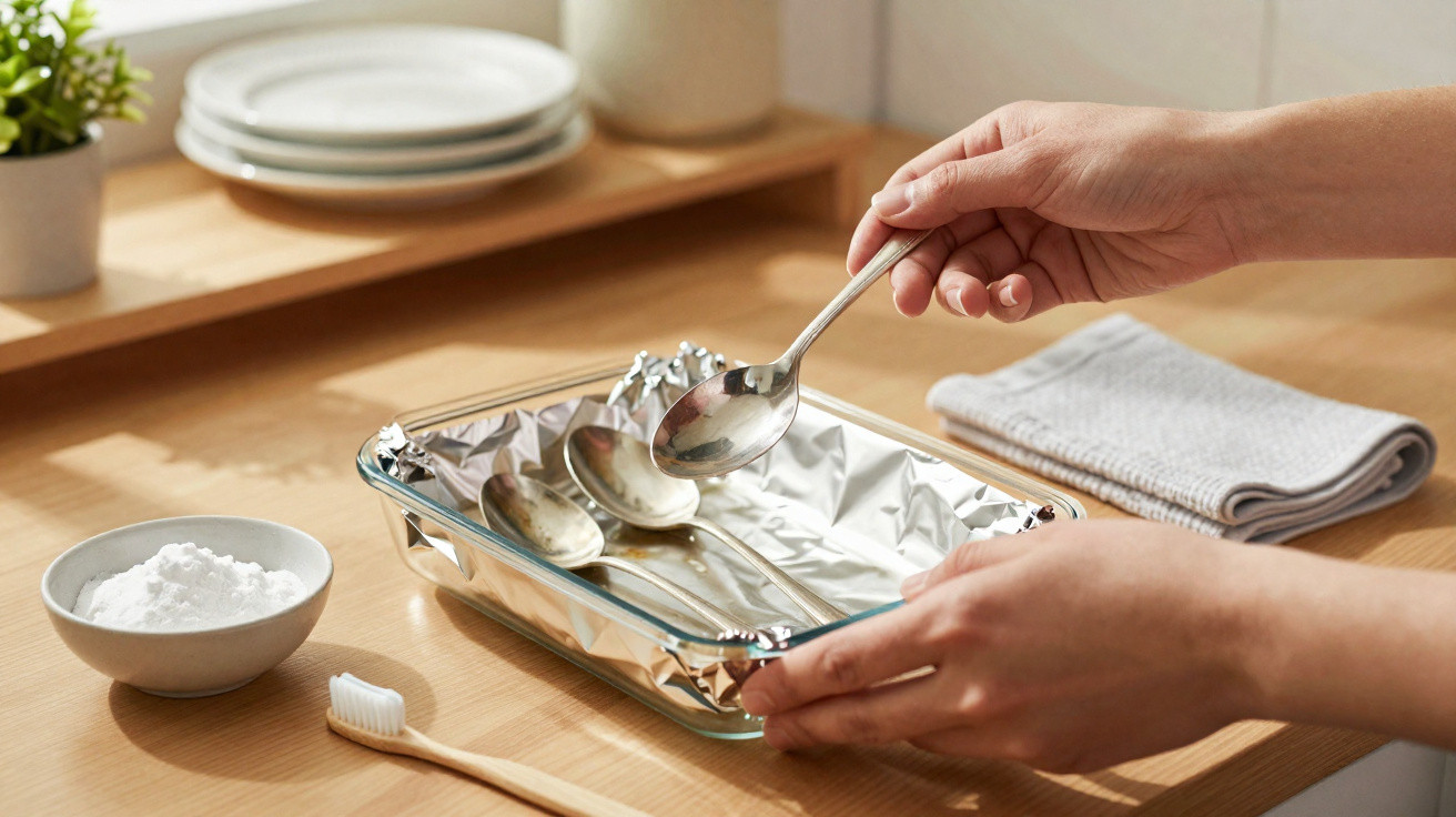 Hands placing a spoon in a foil-lined glass baking dish on a wooden kitchen counter with baking soda and a toothbrush nearby.