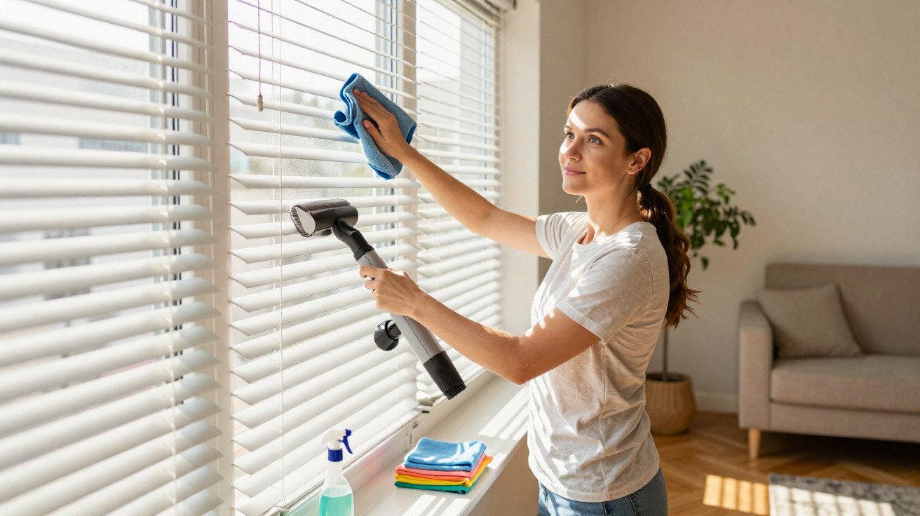 Woman cleaning white window blinds with a handheld vacuum and cloth in a bright living room.