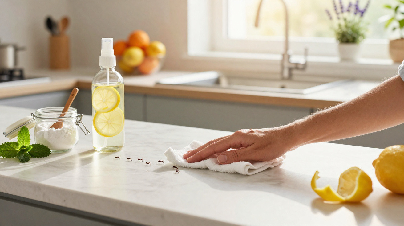 Hand wiping ants off a kitchen countertop with natural lemon cleaning supplies nearby.