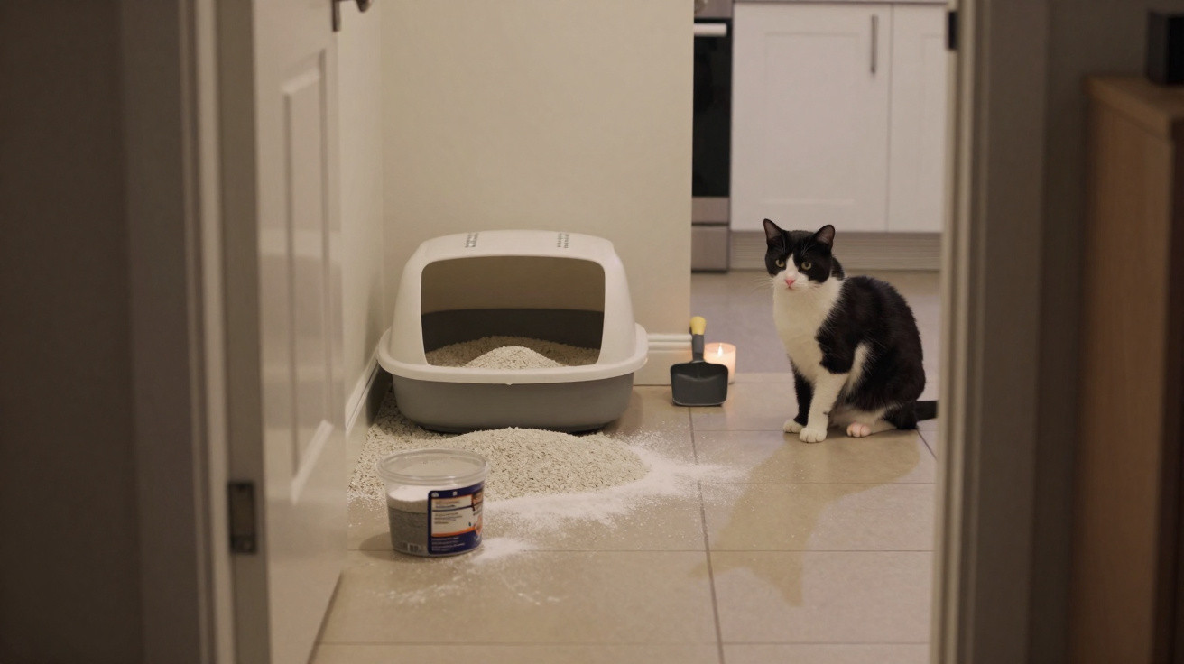 Black and white cat sitting near a tipped cat litter box with spilled litter on the tiled floor.