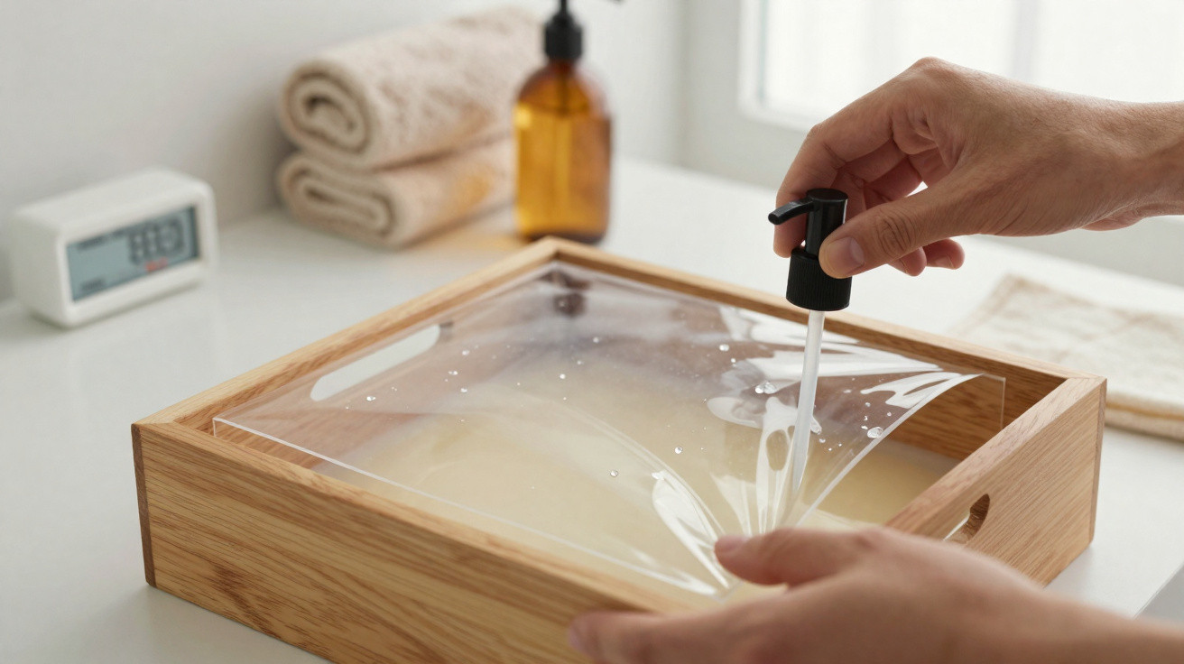 Hands peeling off a clear film from a wooden tray containing a liquid soap or gel.