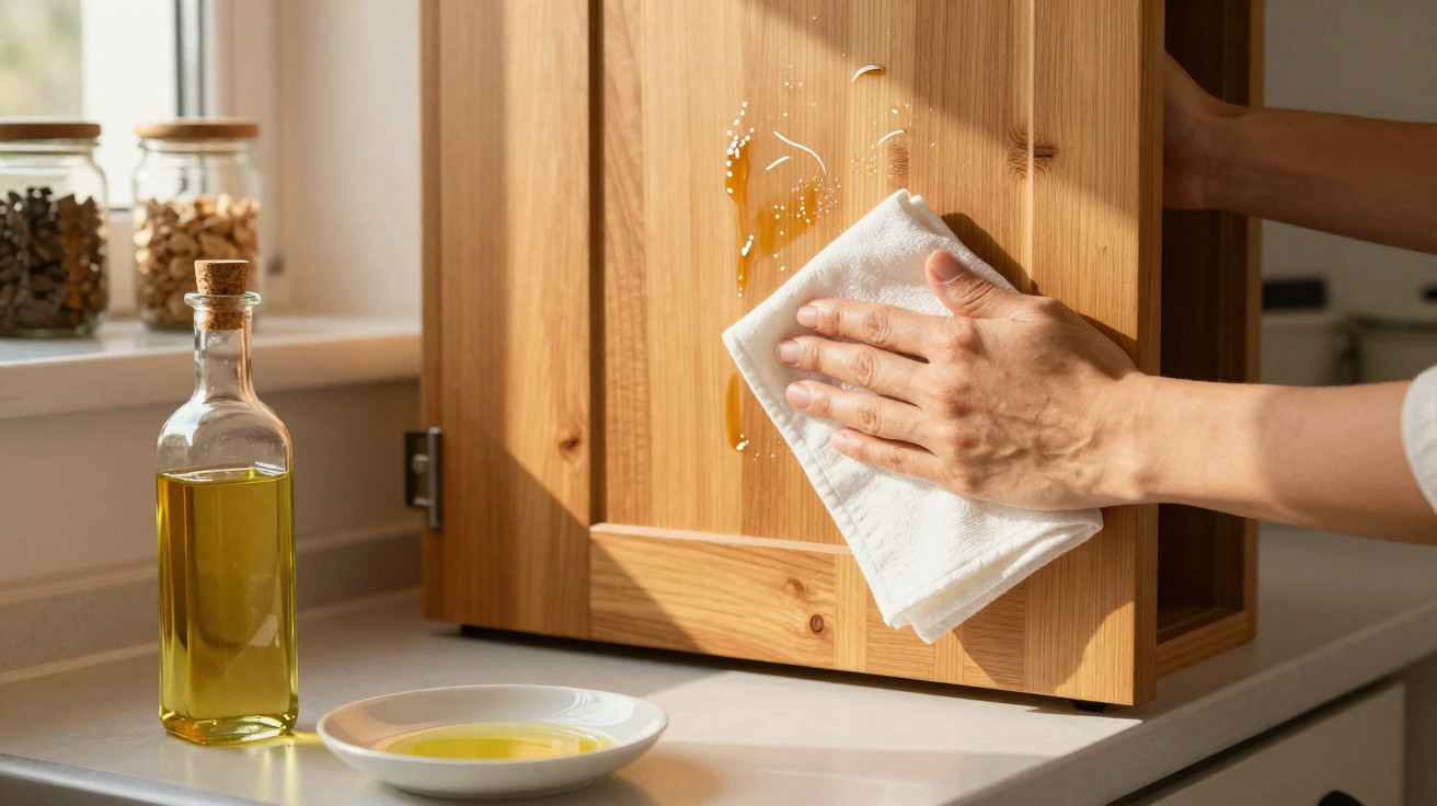 Person wiping oil spill off wooden kitchen cabinet door with white cloth near bottle and plate of oil on countertop.